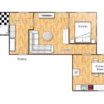 Wohnung mit Schlafzimmer, Wohnbereich, Küche und Bad. Flur und Eingangsbereich.
