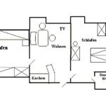 Wohnung mit zwei Schlafzimmern, Wohnbereich, Küche und Bad mit Dusche.