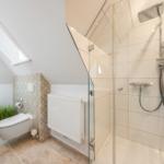 Badezimmer mit Dusche, Toilette und Dachfenster.