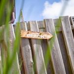 Holzschild weist den Weg zum Strand. Holzzaun und Gras sind sichtbar.