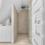 Shower with showerhead, towel rack, and bathroom furniture
