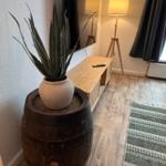 Ein Raum mit Holzboden, Fernseher, Stehlampe und Pflanze in Fass.