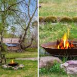 Fire pit in garden with chair and hammock under trees.