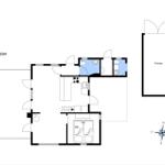 Floor plan shows living area, kitchen, bathroom, and garage.