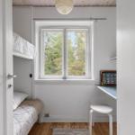 Room with bunk bed, window, and desk. Wooden floor and white paint.
