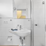 Bathroom with shower, sink, and plant.