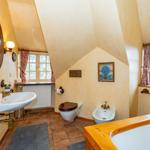Badezimmer mit Dusche, Toilette und Waschbecken unter schrägen Decken