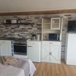 Küche mit Kühlschrank, Herd und Mikrowelle. Bett und Fernseher im Hintergrund.
