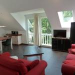 Wohn- und Essbereich mit roten Sofas, TV und Balkon. Dachgeschoss mit Fenstern und Türen.