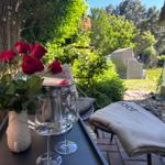 Tisch mit Rosen, Gläsern und Decke auf Terrasse mit Gartenblick.