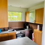 Küche mit Holzschränken, Herd und Fenster zum Garten