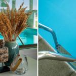 Table with vases and decor next to pool. Pool with metal steps.