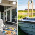 Deck with table, mugs, and Trivial Pursuit. Boat named ANN in grass.