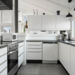 Modern kitchen with white cabinets, stainless steel appliances, and dark worktops.