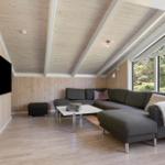 Living room with gray sofa, TV, and large window to nature.