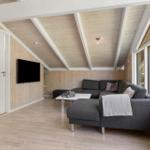 Living room with gray sofa, TV, and large windows.