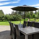 Deck with table, chairs, and umbrella. Lawn and forest in background.