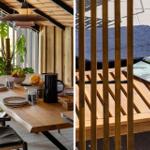Wooden table with chairs, plants, and fruit. Outdoor table with blanket and book.
