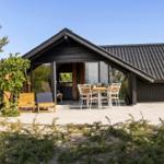 Modern wooden cabin with terrace, table and chairs. Greenery and tree in background.