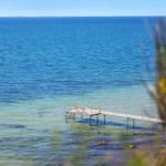 Wooden pier extends into clear sea. Yellow flowers in foreground.