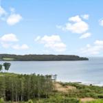 View of a lake with an island, forest, and sky with white clouds.