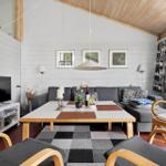 Living room with sofa, table, TV, and window