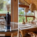 Glas-Tisch mit Vase und Korb, Esszimmer mit Holzwand und Hängelampen.