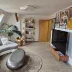 Wohnzimmer mit Sofa, TV, Bücherregal und Fenstern