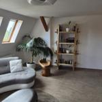Ein Raum mit Dachfenstern, Sofa, Pflanze und Holzregal.