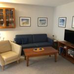 Wohnzimmer mit Sofa, Sessel, Couchtisch und Fernseher.