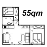 55qm Wohnung mit Küche, Bad, Schlafzimmer und Wohnzimmer.