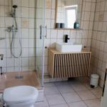 Badezimmer mit Dusche, Waschbecken und Toilette. Holzunterschrank und Spiegel.