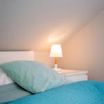 Bedroom with bed, nightstand, and lamp under sloped ceiling.