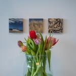 Tulpen in einem Glas auf einem Tisch, drei Bilder an der Wand dahinter.
