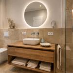 Badezimmer mit Waschbecken, Spiegel, Dusche und Toilette.