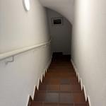 Treppe mit braunen Fliesen und weißer Handlaufwand, Wandbeleuchtung und Bild an der Wand.