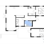 Apartment with kitchen, bathroom, two bedrooms, and living area. Hallway and toilet are also included.