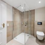 Bathroom with shower, toilet, and towel rack.