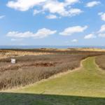 Green path leads through dry grass to the beach promenade and a beach house.