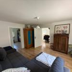 Wohnzimmer mit Sofa, Holzboden und antikem Schrank. Küche und Schlafzimmer sind angebunden.