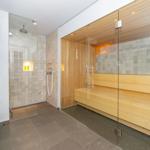 Dusche mit Glaswand, Sauna mit Holzbank und Eingangsbereich mit Regalen.