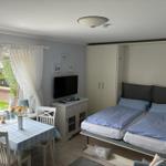 Zimmer mit Schlafplatz, TV und Tisch. Fenster mit Blick auf Garten.