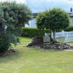 Garten mit zwei Holzstühlen, Baum, Holzstapel und weißer Zaun.