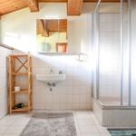 Badezimmer mit Dusche, Waschbecken und Holzregal. Holzdecke und Fenster mit blauen Rahmen.