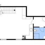 Floor plan shows living area, kitchen, bathroom, and stairs.