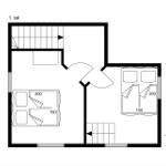 Ground floor with bedroom, living area, and stairs to upper level.