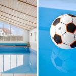 Innenpool mit Blick auf Haus und Hügel. Wasserball im Pool.