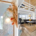 Wohnzimmer mit Sitzgelegenheit und Karte des Thy Nationalparks an der Wand.