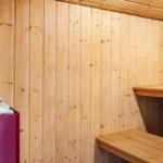 Sauna mit Holzwänden und Sitzbänken. Links steht ein roter Ofen.