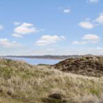 Weg durch Dünenlandschaft mit Blick auf Wasser und Horizont unter blauem Himmel mit weißen Wolken.